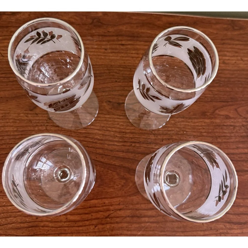 4 Vintage Libbey Glass Co. Silver Leaf Rimmed / Frosted Wine Glasses 5.75